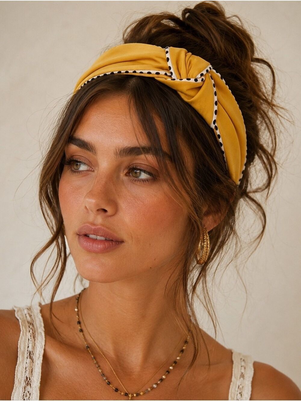 Mustard Yellow Knot Headband Polka Dot Trim Retro Style